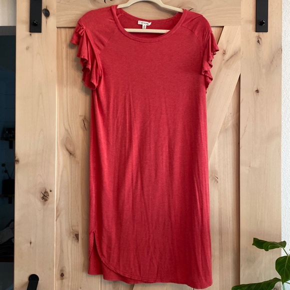 Max Studio SMALL soft ruffle sleeve tulip slit dress (red) - Picture 1 of 10